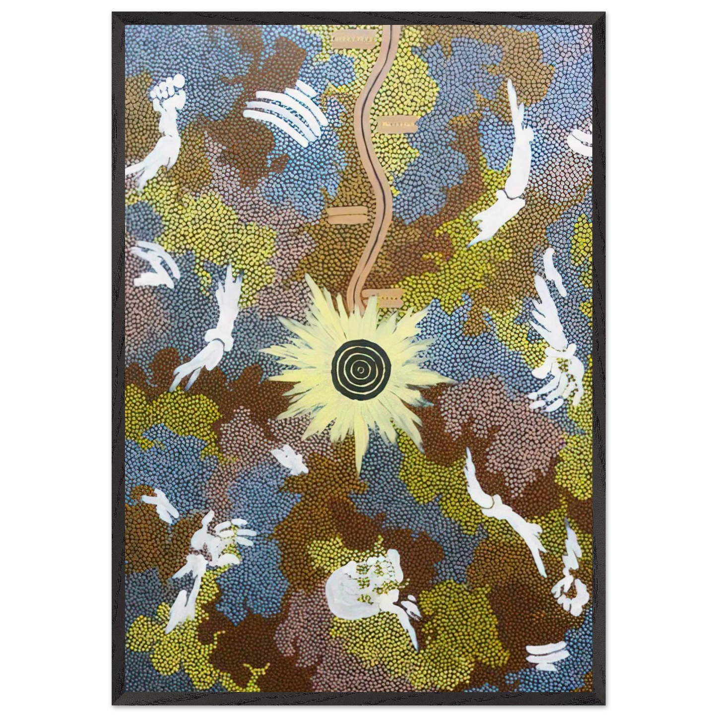 Lightning Dreaming Mount Allen - 1990 - Clifford Possum Tjapaltjarri 70x100 cm / 28x40 inches Framed Art Print – Black Wooden Frame