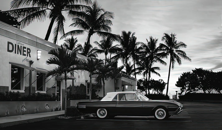 1950 T-Bird Art Print | Classic Car & Diner Scene | RedKalion