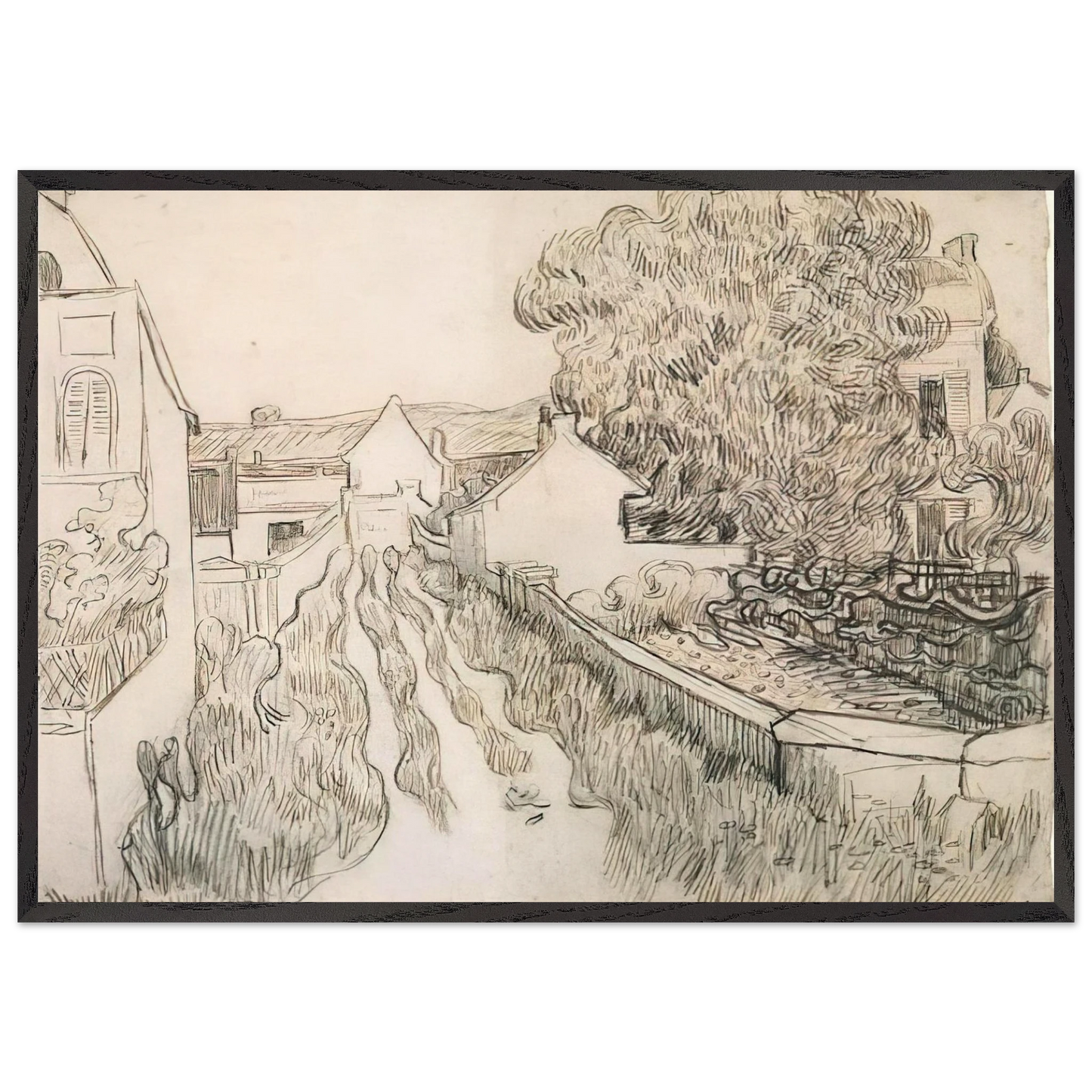 VILLAGE STREET N2 - Vincent van Gogh 70x100 cm / 28x40 inches Framed Art Print – Black Wooden Frame