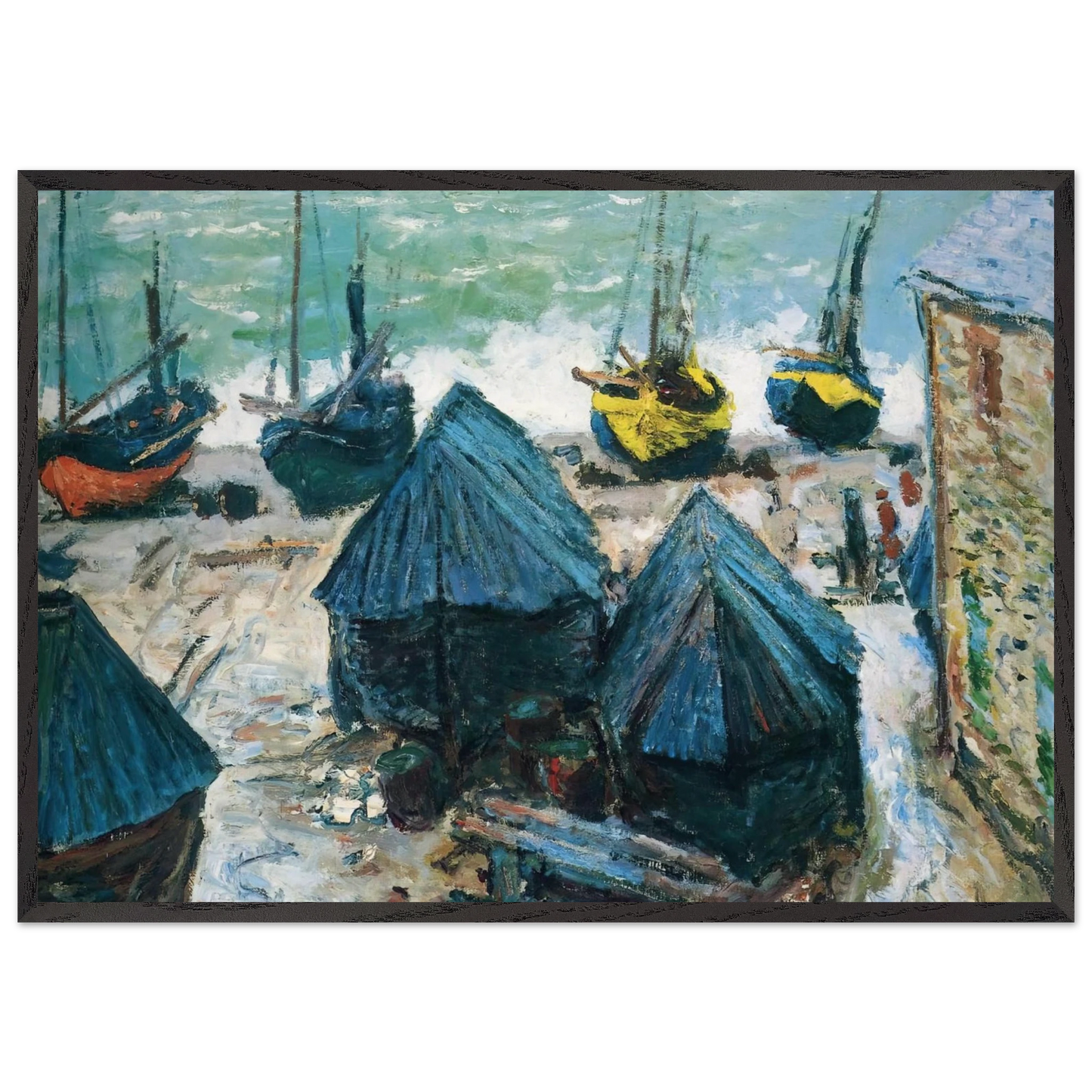 Boats on the Beach at Etretat - claude monet 70x100 cm / 28x40 inches Framed Art Print – Black Wooden Frame