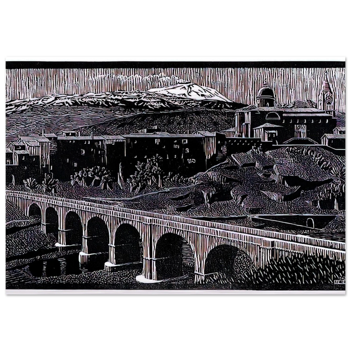 RANDAZZO AND MOUNT ETNA SICILY JANUARY 1933 1933 - MC Escher Brushed Aluminum Print - 70x100 cm / 28x40 inches | MC Escher Aluminum Print | MC Escher Prints | Maurits Cornelis Escher Prints