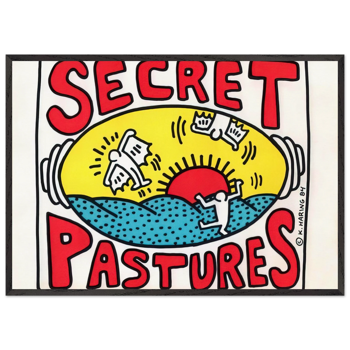 PROMOTIONAL POSTER FOR SECRET PASTURES 1984 N1 - Keith Haring 70x100 cm / 28x40 inches Framed Art Print – Black Wooden Frame | Keith Haring Art For Sale