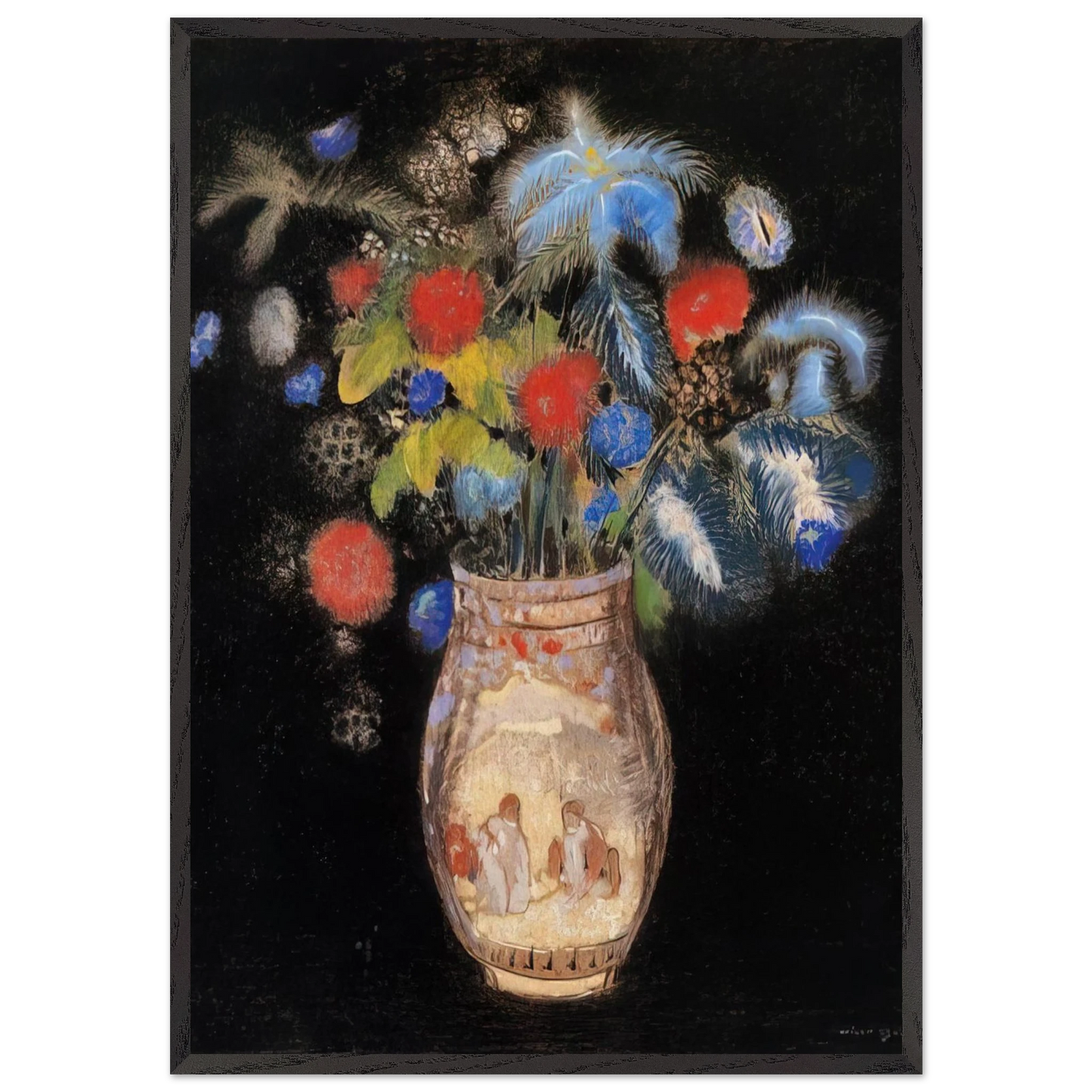 LARGE BOQUET ON A BLACK BACKGROUND - Odilon Redon 70x100 cm / 28x40 inches Framed Art Print – Black Wooden Frame