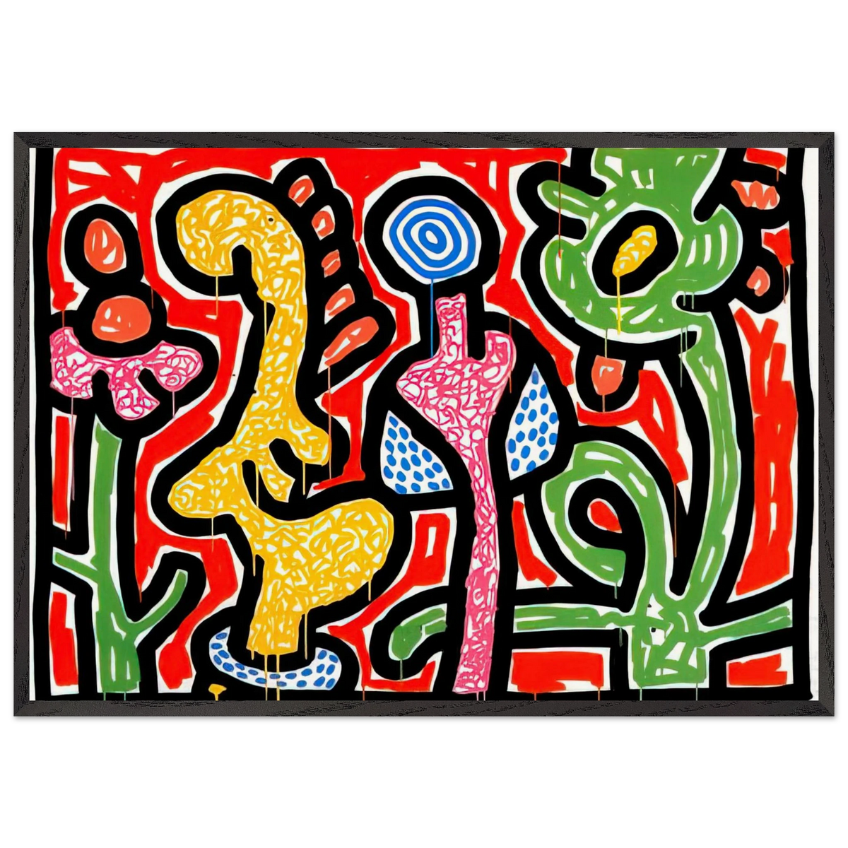FLOWERS IV 1990 N2 - Keith Haring 70x100 cm / 28x40 inches Framed Art Print – Black Wooden Frame