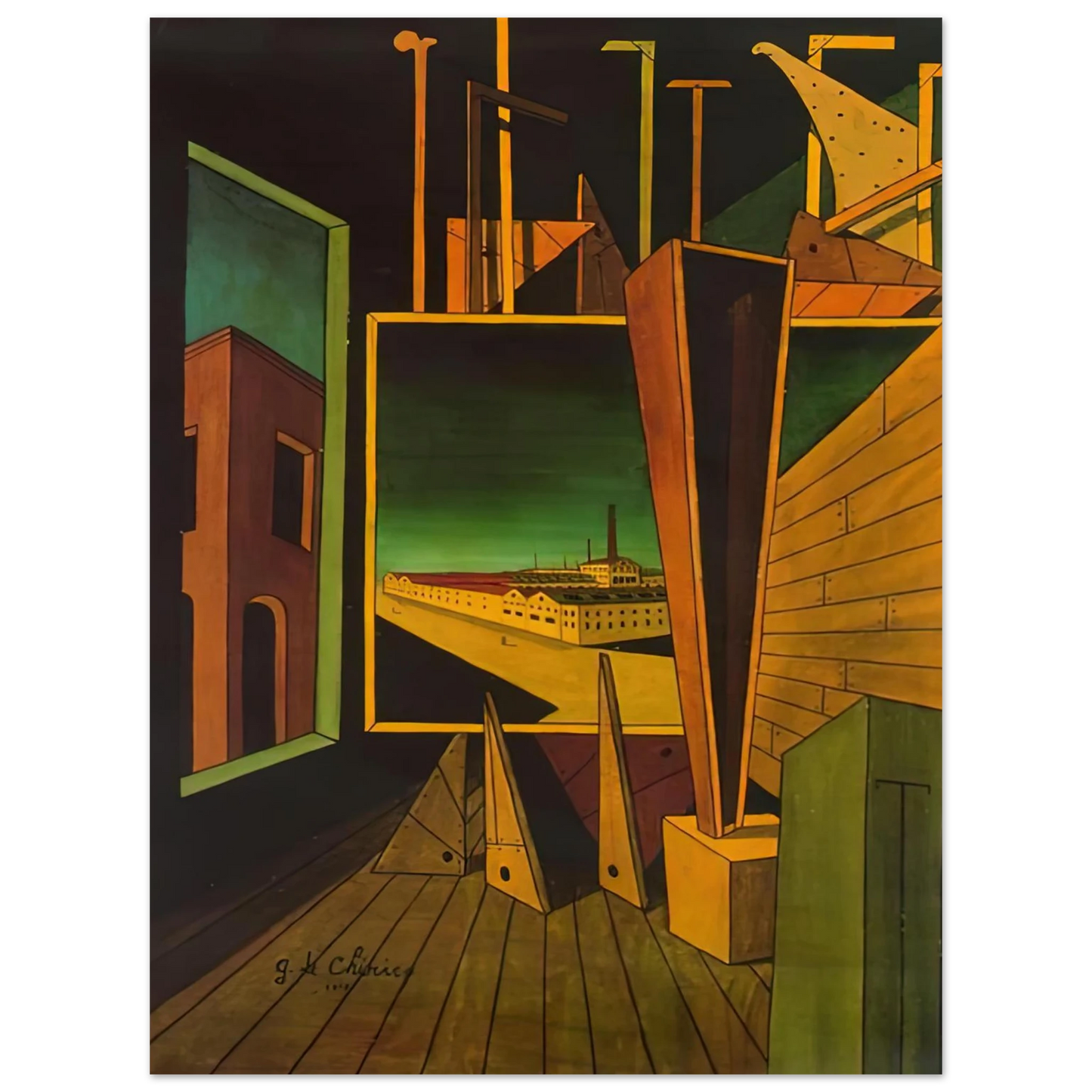 Giorgio de Chirico - GEOMETRIC COMPOSITION WITH FACTORY LANDSCAPE 1917 75x100 cm / 30x40inches Fine Art Poster