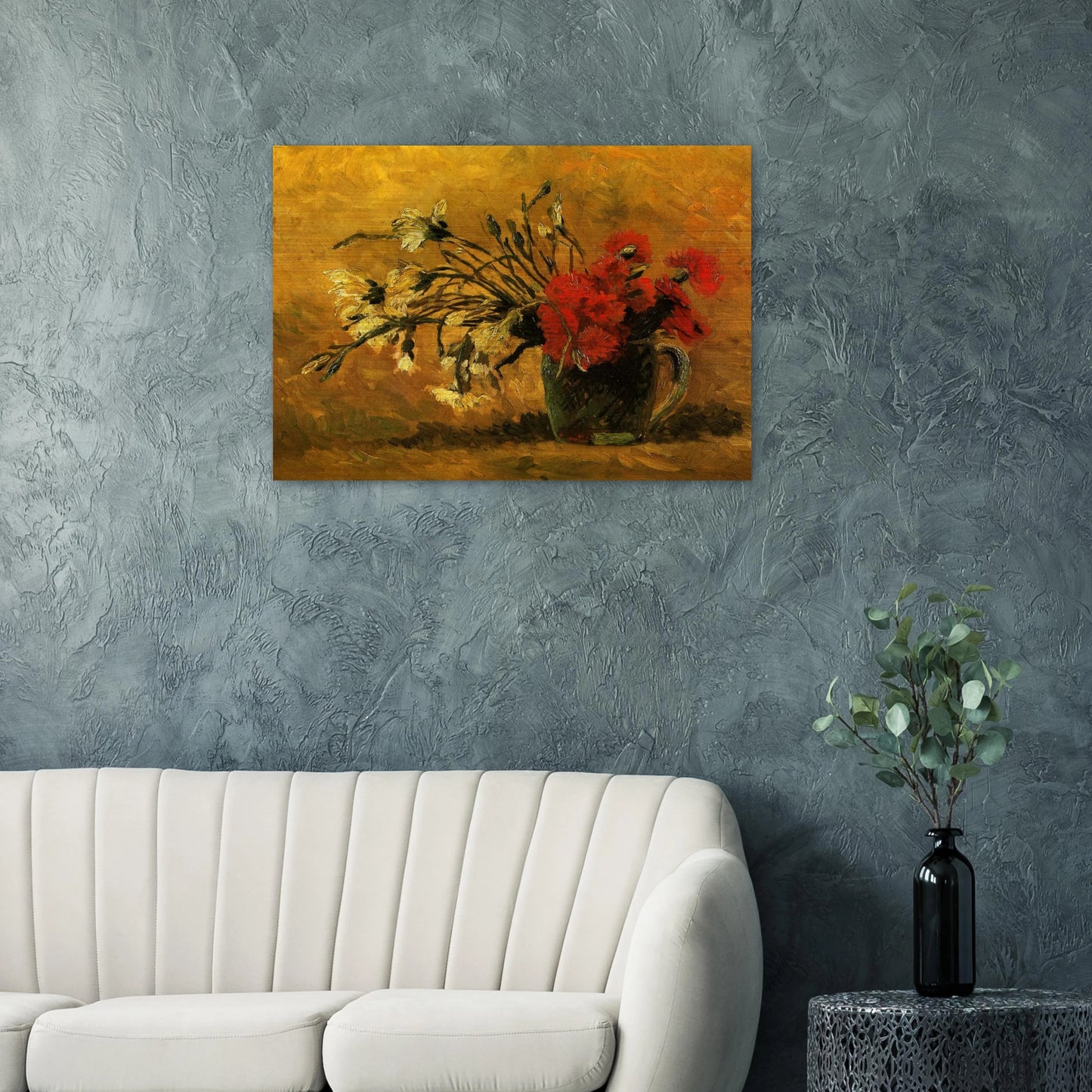 Vase with Red and White Carnations on a Yellow Background - Vincent van Gogh Brushed Aluminum Print - 70x100 cm / 28x40 inches | Vincent van Gogh Aluminum Print | Vincent van Gogh Prints