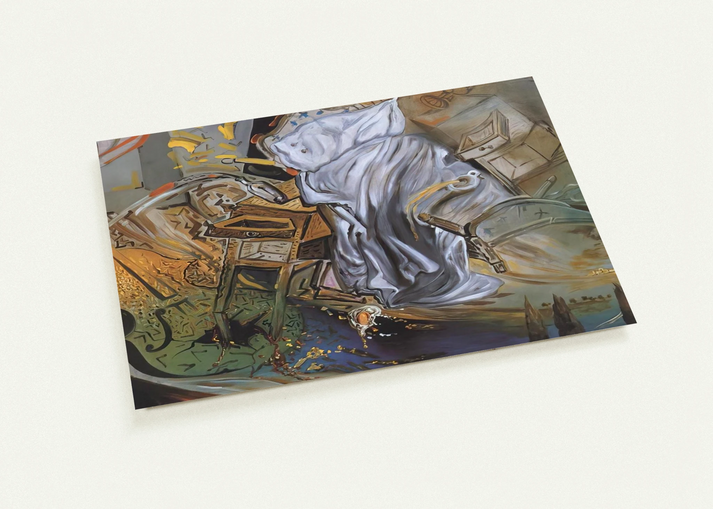 BED AND TWO BEDSIDE TABLES FEROCIOUSLY ATTACKING A CELLO FINAL STAGE By Salvador Dali Pack of 10 Post Cards | Salvador Dali Post Cards | A6 (10.5 x 14.8 cm) - 4.1 x 5.8 inches