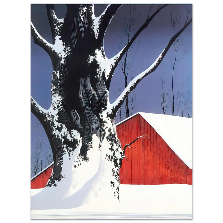 Eyvind Earle - Red Barn and Tree Snow 75x100 cm / 30x40inches Fine Art Poster