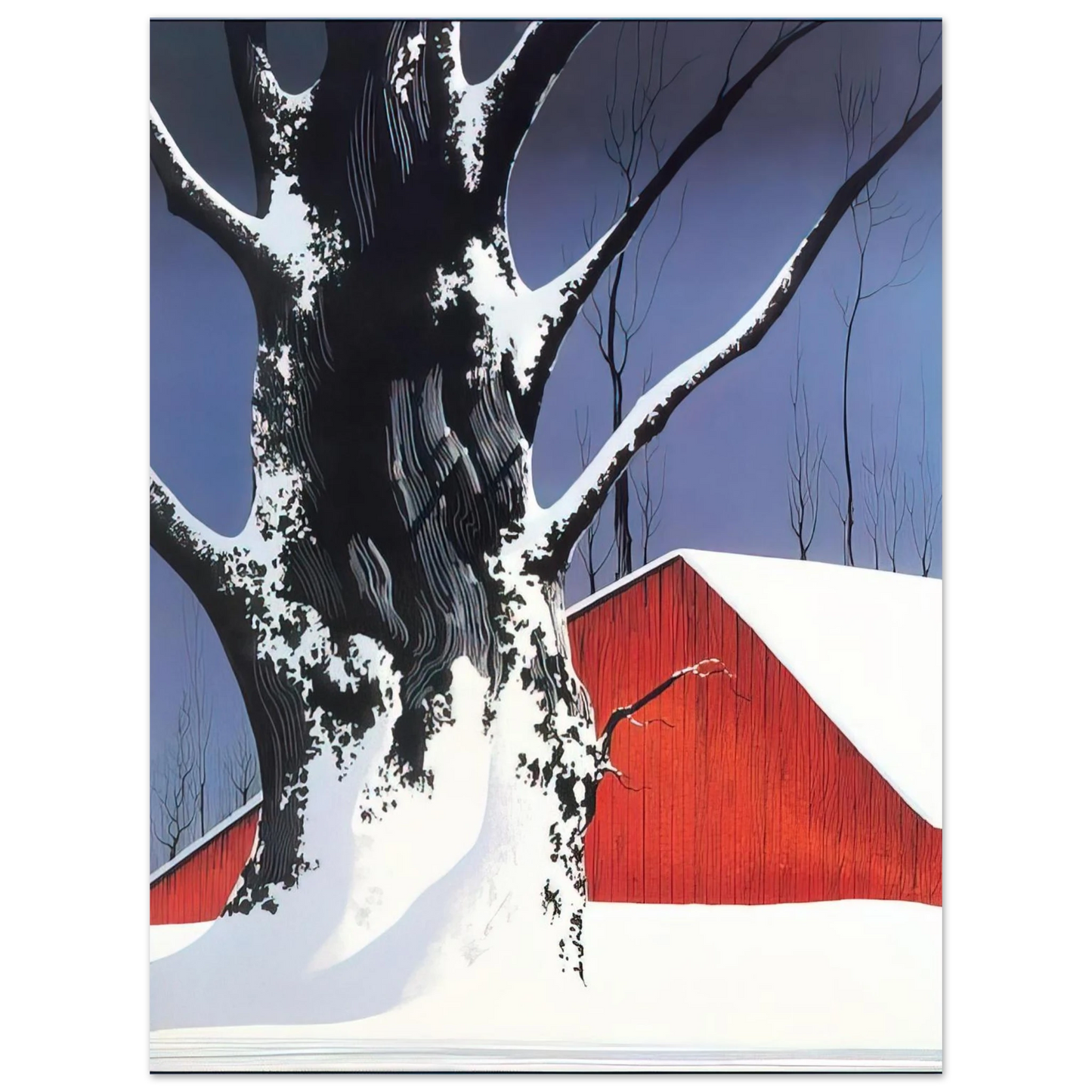 Eyvind Earle - Red Barn and Tree Snow 75x100 cm / 30x40inches Fine Art Poster