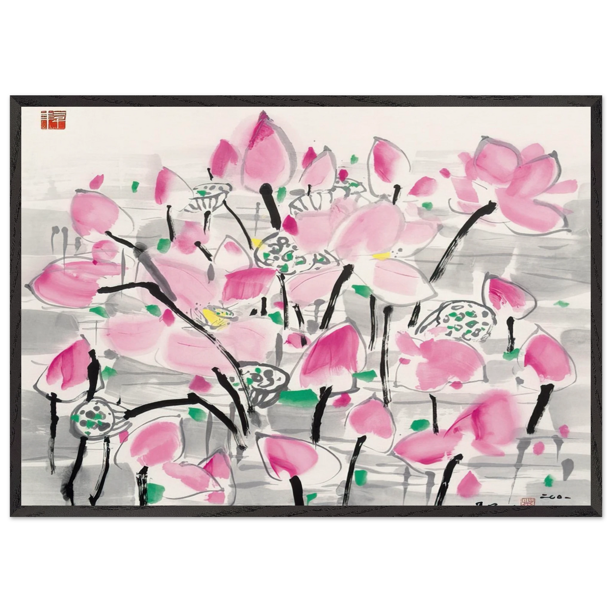 Lotus under the sun - 2001 - Wu Guanzhong 70x100 cm / 28x40 inches Framed Art Print – Black Wooden Frame