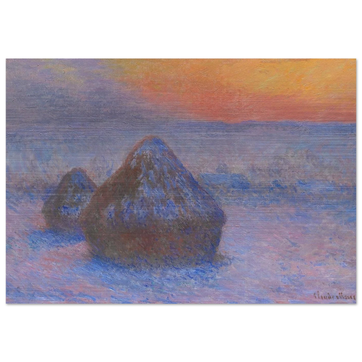 Stacks of Wheat Sunset, Snow Effect - claude monet Brushed Aluminum Print - 70x100 cm / 28x40 inches | claude monet Aluminum Print | claude monet Prints