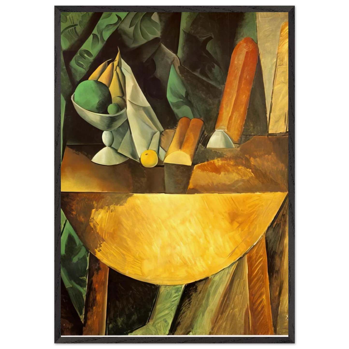 Bread and dish with fruits on the table - Pablo Picasso 70x100 cm / 28x40 inches Framed Art Print – Black Wooden Frame