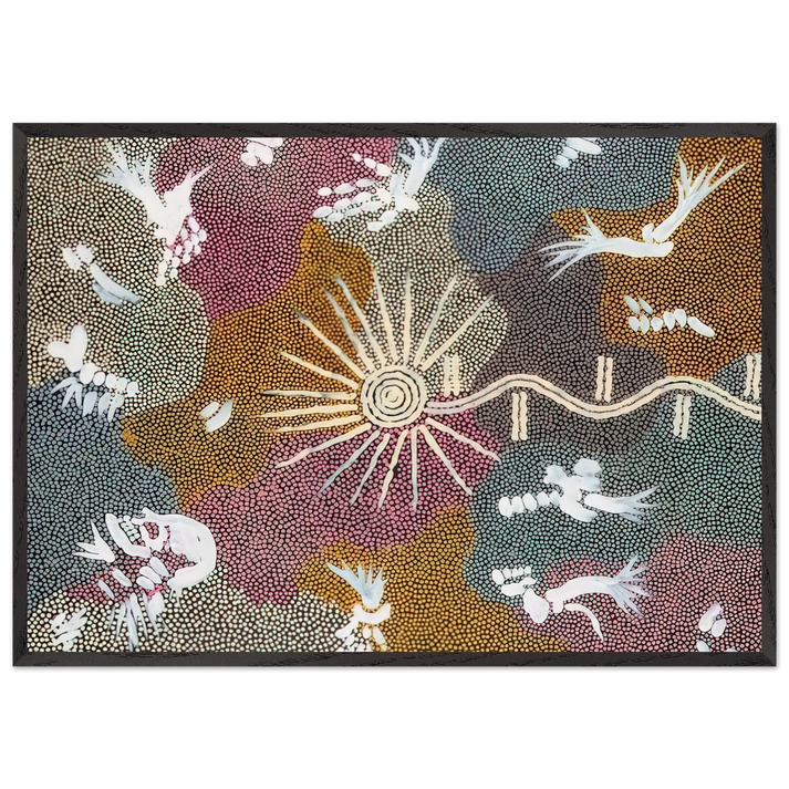 Lightning Dreaming - 1999 - Clifford Possum Tjapaltjarri 70x100 cm / 28x40 inches Framed Art Print – Black Wooden Frame