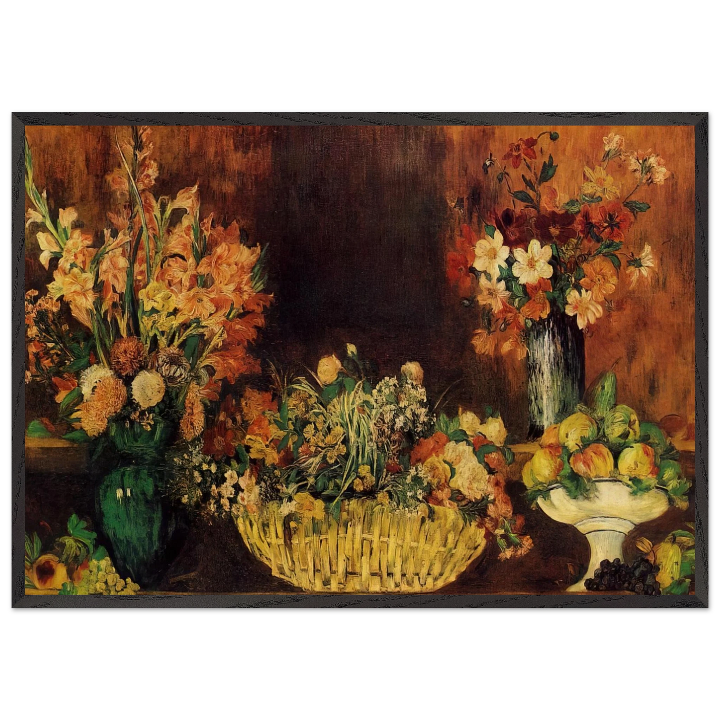 Vase Basket of Flowers and Fruit - Pierre-Auguste Renoir 70x100 cm / 28x40 inches Framed Art Print – Black Wooden Frame