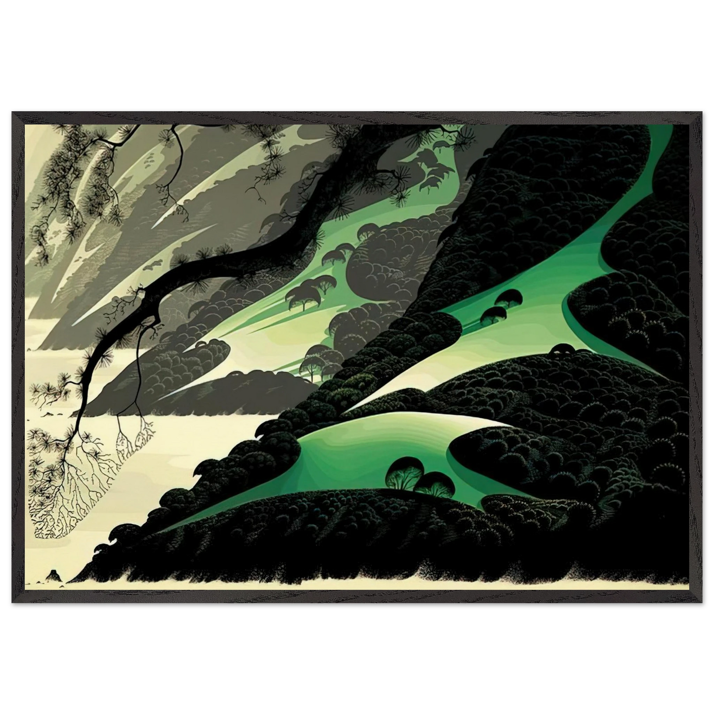 Green Big Sur - Eyvind Earle 70x100 cm / 28x40 inches Framed Art Print – Black Wooden Frame
