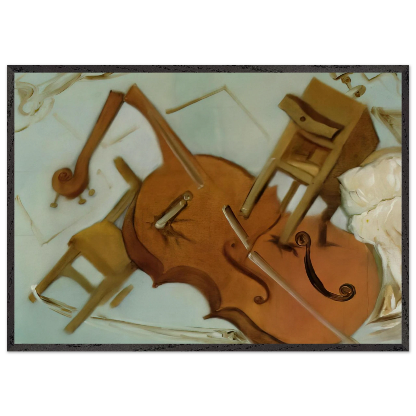 BED CHAIR AND BEDSIDE TABLE FEROCIOUSLY ATTACKING A CELLO - Salvador Dali 70x100 cm / 28x40 inches Framed Art Print – Black Wooden Frame