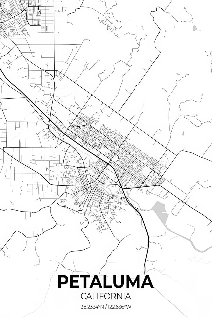 Petaluma City Map Art Print | Premium Cartographic Wall Art | RedKalion