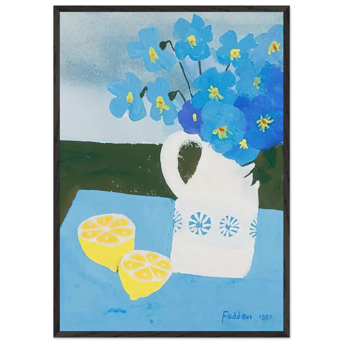 Flowers in a vase with lemon - 1987 - Mary Fedden 70x100 cm / 28x40 inches Framed Art Print – Black Wooden Frame