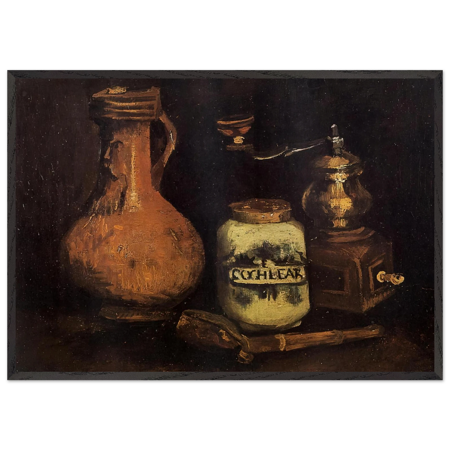 Still Life with Coffee Mill Pipe Case and Jug - Vincent van Gogh 70x100 cm / 28x40 inches Framed Art Print – Black Wooden Frame