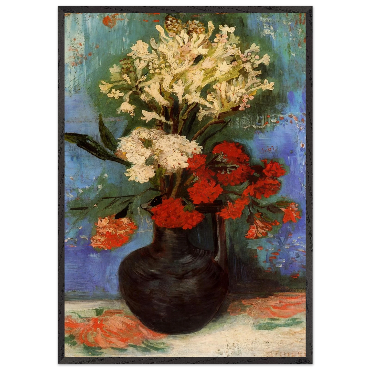 Vase with Carnations and Other Flowers - Vincent van Gogh 70x100 cm / 28x40 inches Framed Art Print – Black Wooden Frame