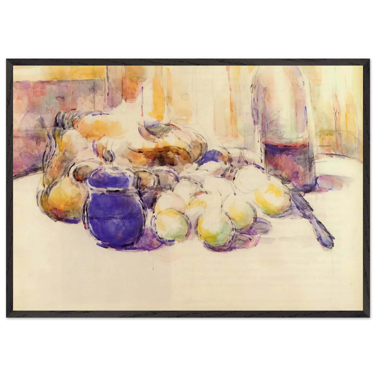 Blue Pot and Bottle of Wine - Paul Cezanne 70x100 cm / 28x40 inches Framed Art Print – Black Wooden Frame