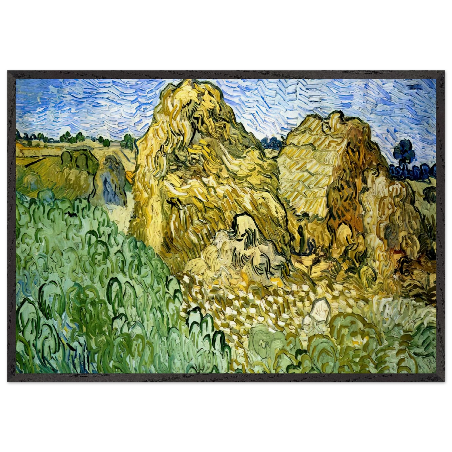 Field with Stacks of Wheat - Vincent van Gogh 70x100 cm / 28x40 inches Framed Art Print – Black Wooden Frame