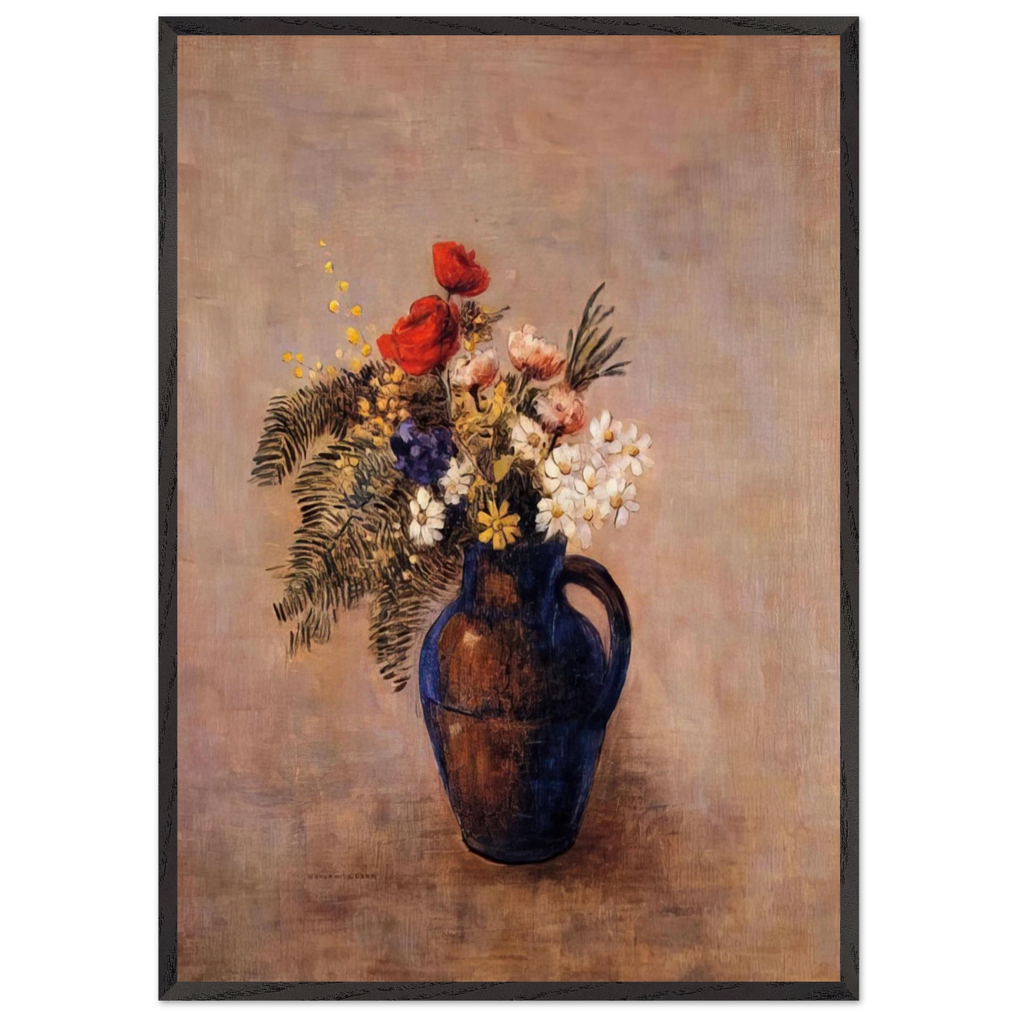 BOUQUET OF FLOWERS IN A BLUE VASE - Odilon Redon 70x100 cm / 28x40 inches Framed Art Print – Black Wooden Frame