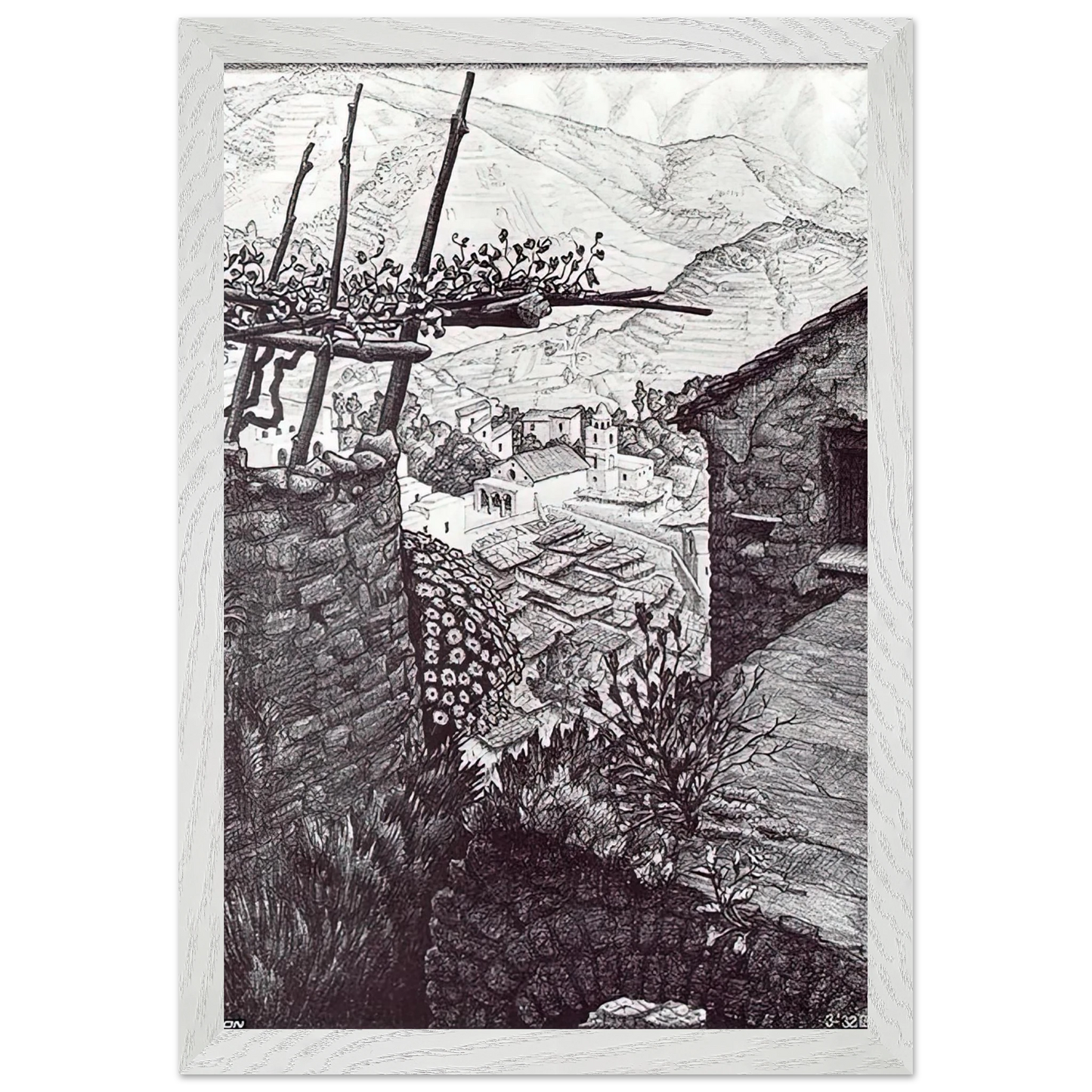 MC Escher - THE HAMLET OF TURELLO SOUTHERN ITALY Wall Art - 60x80 cm / 24x32 inches - Premium Wooden Framed Poster With Fine Art Paper-canvas - Wood frame
