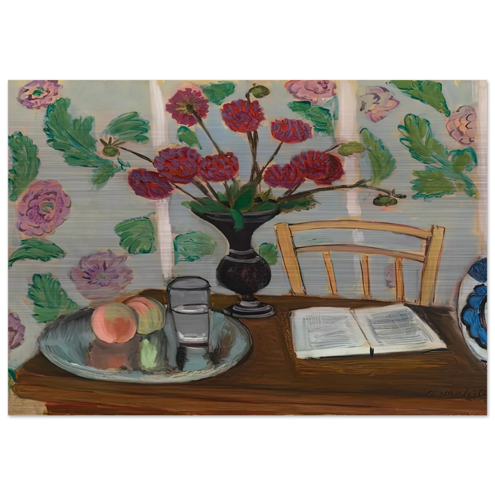 STILL LIFE BOUQUET OF DAHLIAS AND WHITE BOOK 1923 - Henri Matisse Brushed Aluminum Print - 70x100 cm / 28x40 inches | Henri Matisse Aluminum Print | Henri Matisse Prints