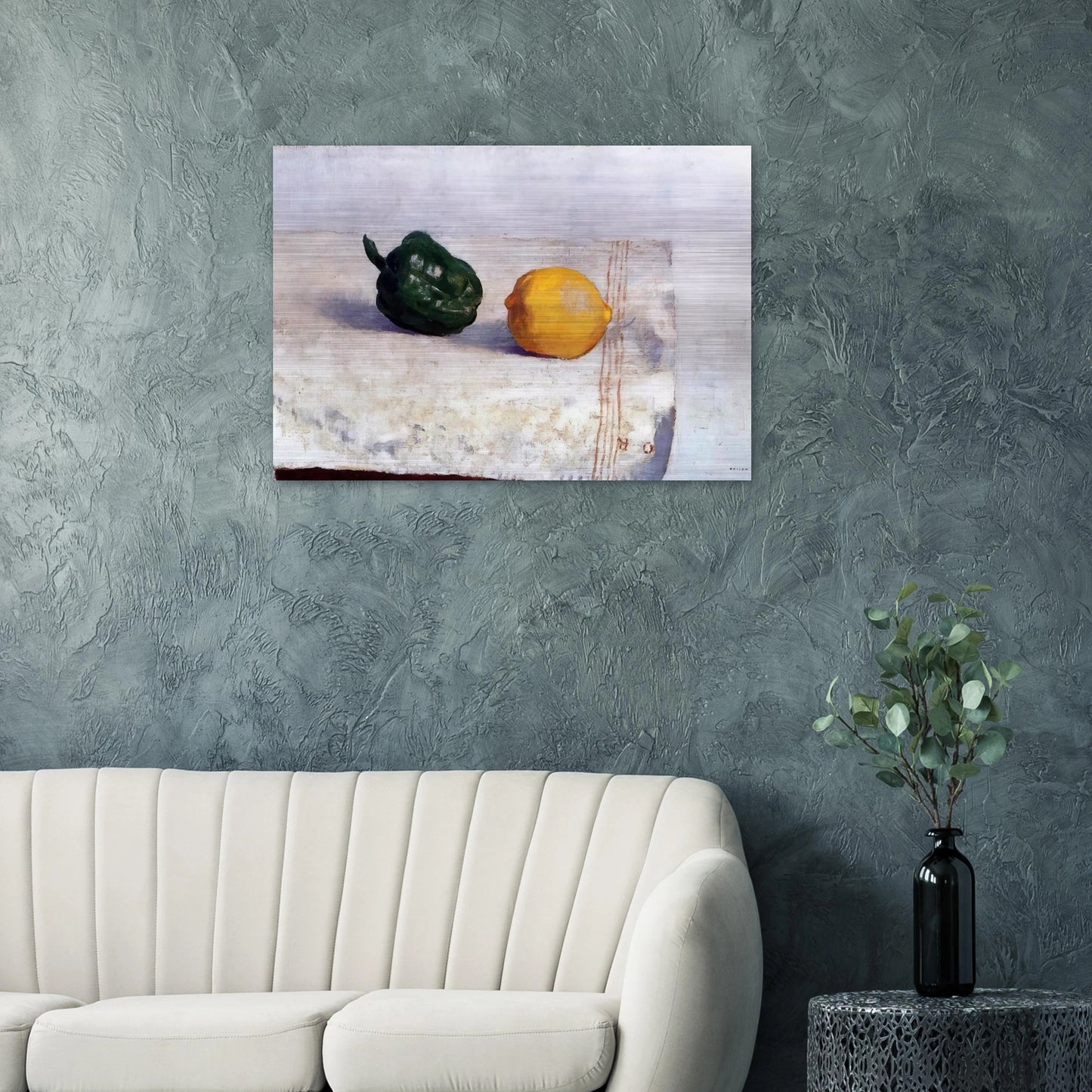 PEPPER AND LEMON ON A WHITE TABLECLOTH 1901 - Odilon Redon Brushed Aluminum Print - 70x100 cm / 28x40 inches | Odilon Redon Aluminum Print | Odilon Redon Prints
