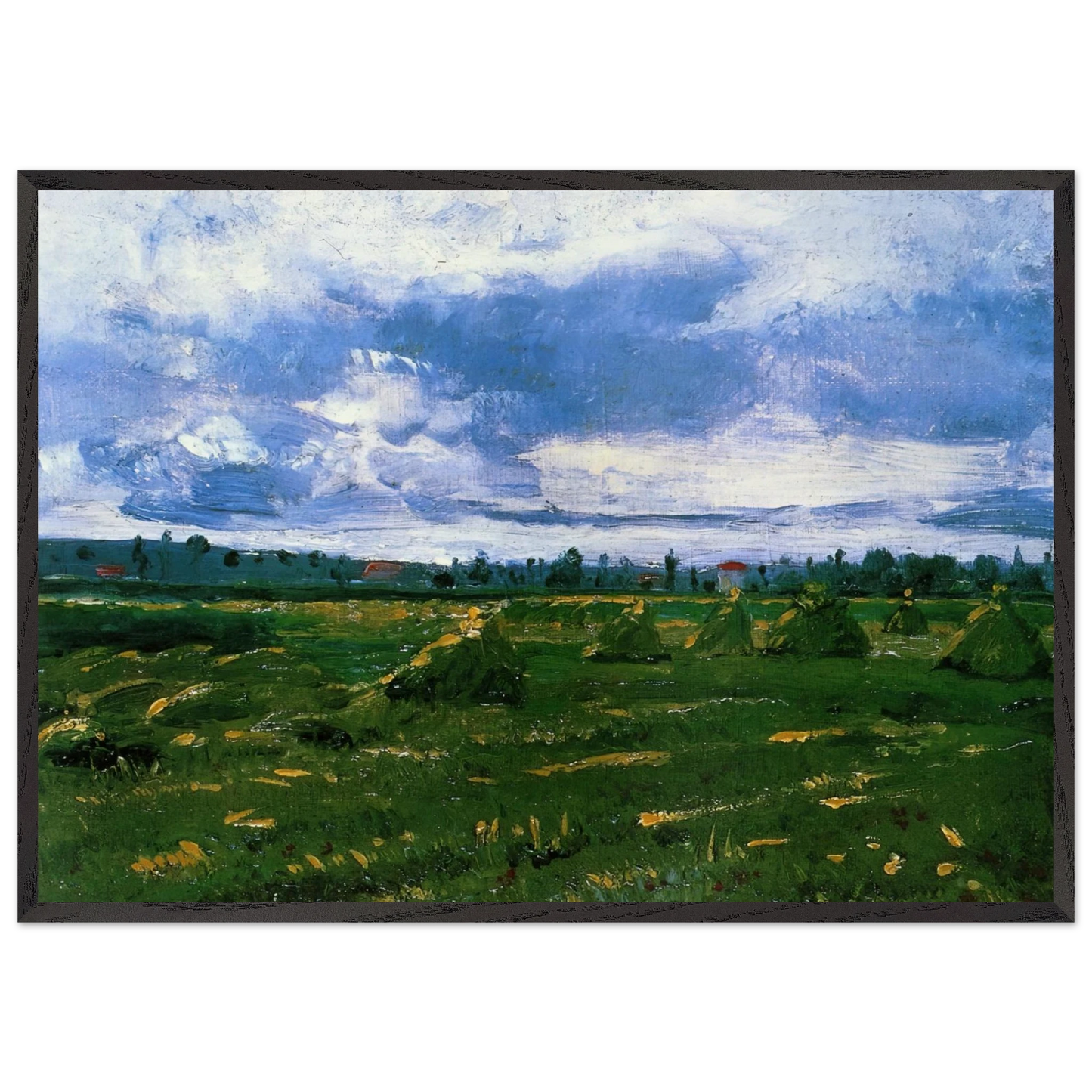 Wheat Fields with Stacks - Vincent van Gogh 70x100 cm / 28x40 inches Framed Art Print – Black Wooden Frame