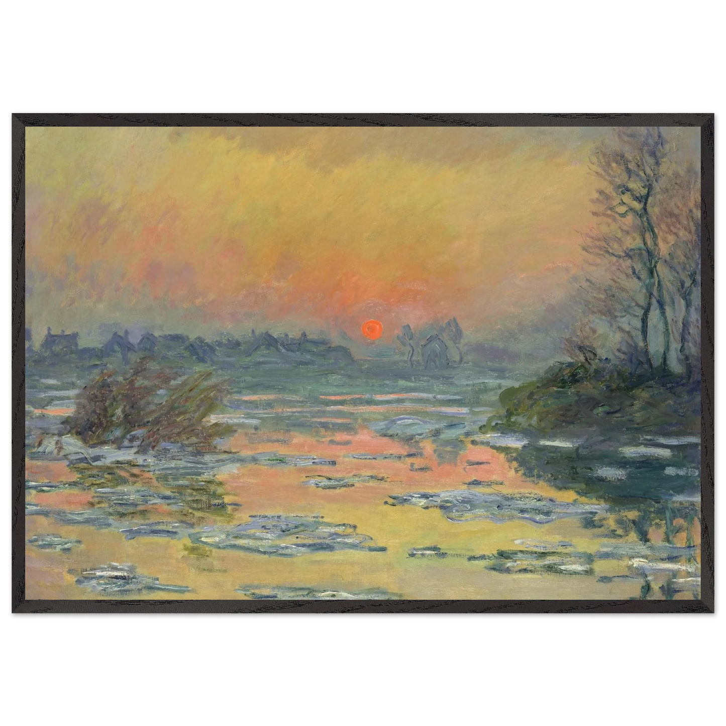Sunset on the Seine in Winter - claude monet 70x100 cm / 28x40 inches Framed Art Print – Black Wooden Frame
