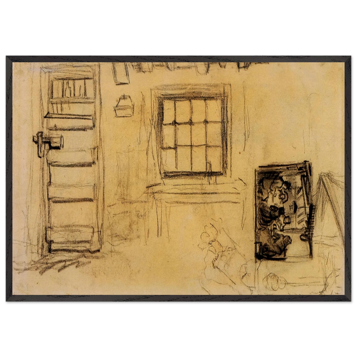 Studies of the Interior of a Cottage and a Sketch of The Potato Eaters - Vincent van Gogh 70x100 cm / 28x40 inches Framed Art Print – Black Wooden Frame