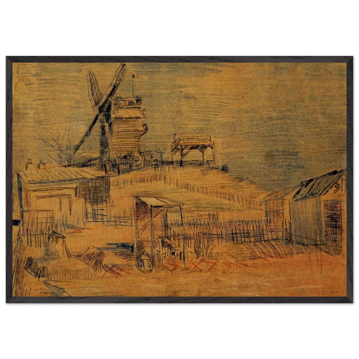 Gardens on Montmartre and the Blute-Fin Windmill - Vincent van Gogh 70x100 cm / 28x40 inches Framed Art Print – Black Wooden Frame