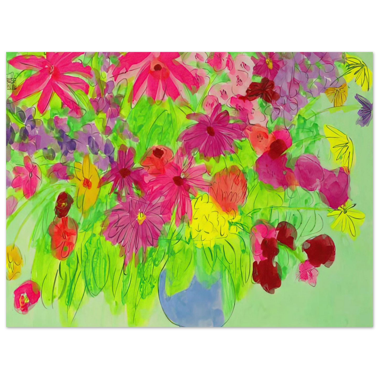 Walasse Ting - Blue Vase, Many Flowers - Naïve Art Primitivism, Pop Art 75x100 cm / 30x40inches Fine Art Poster