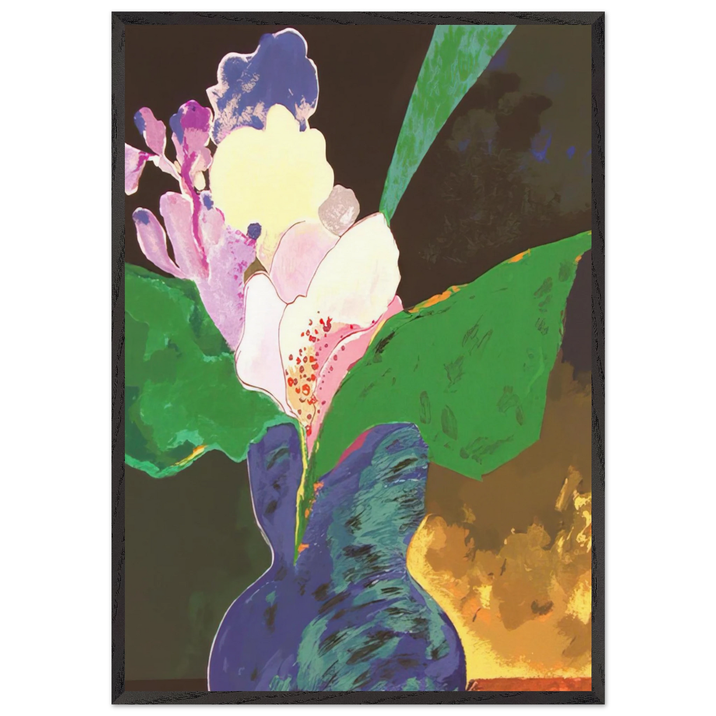 Blue Vase With Flowers - 2002 - Aldemir Martins 70x100 cm / 28x40 inches Framed Art Print – Black Wooden Frame