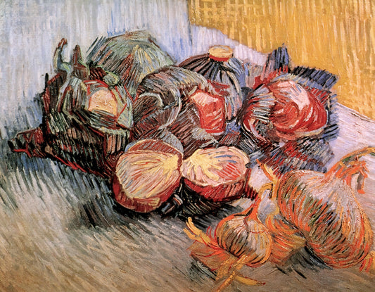 Almond Blossom Canvas: Vincent van Gogh's Celebration of Hope and Renewal - Still Life with Red Cabbages and Onions by Vincent van Gogh