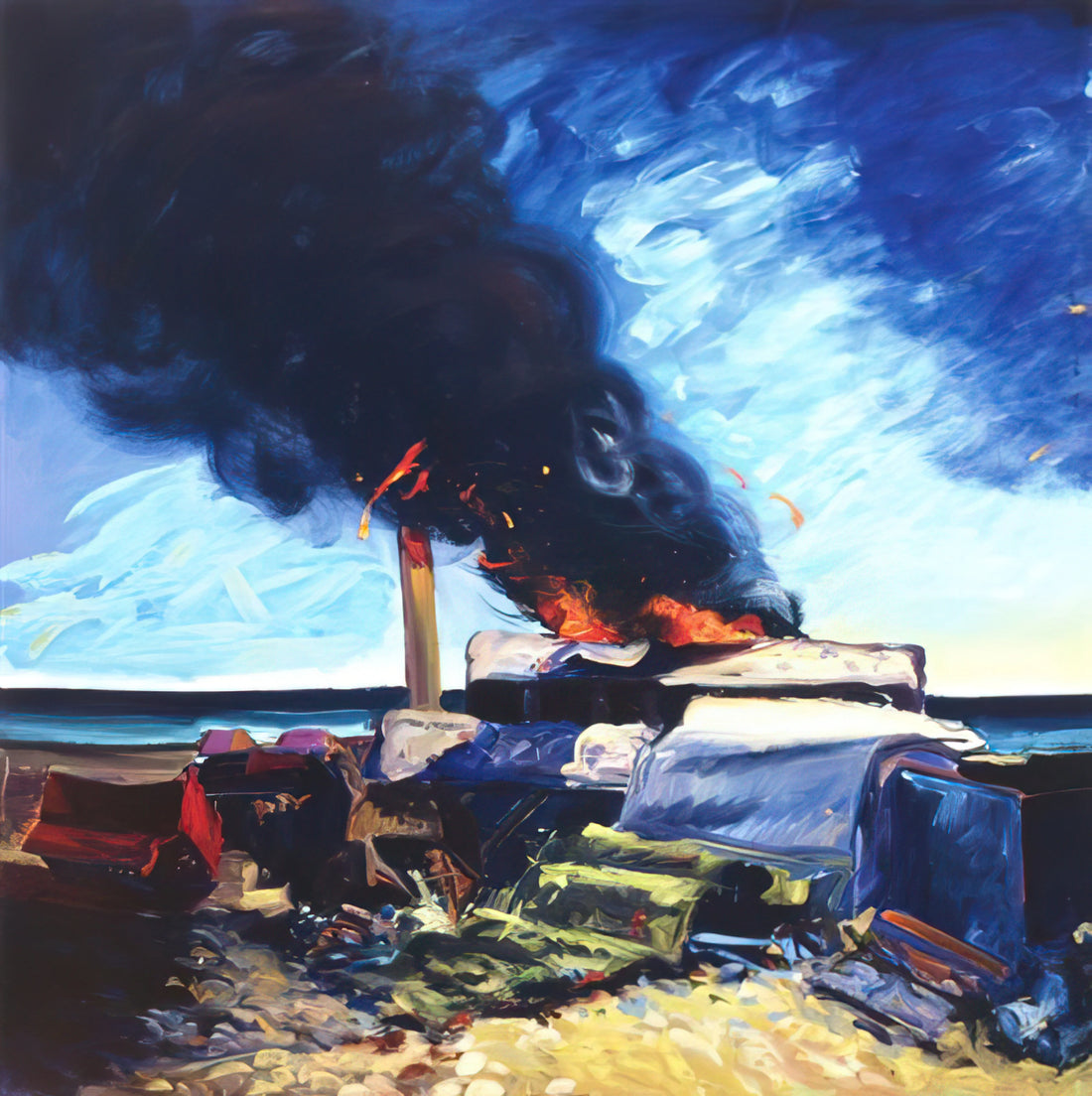 Carlos Almaraz Prints: A Vibrant Legacy of Chicano Art and Urban Expression - Beach Trash Burning - 1982 by Carlos Almaraz