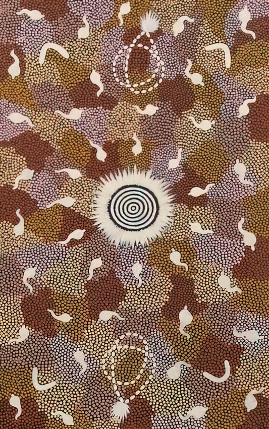Clifford Possum Tjapaltjarri Art for Sale: A Collector's Guide to the Master of Australian Aboriginal Art - Njupa, Mt. Allan Bush Tucker - 1986 by Clifford Possum Tjapaltjarri