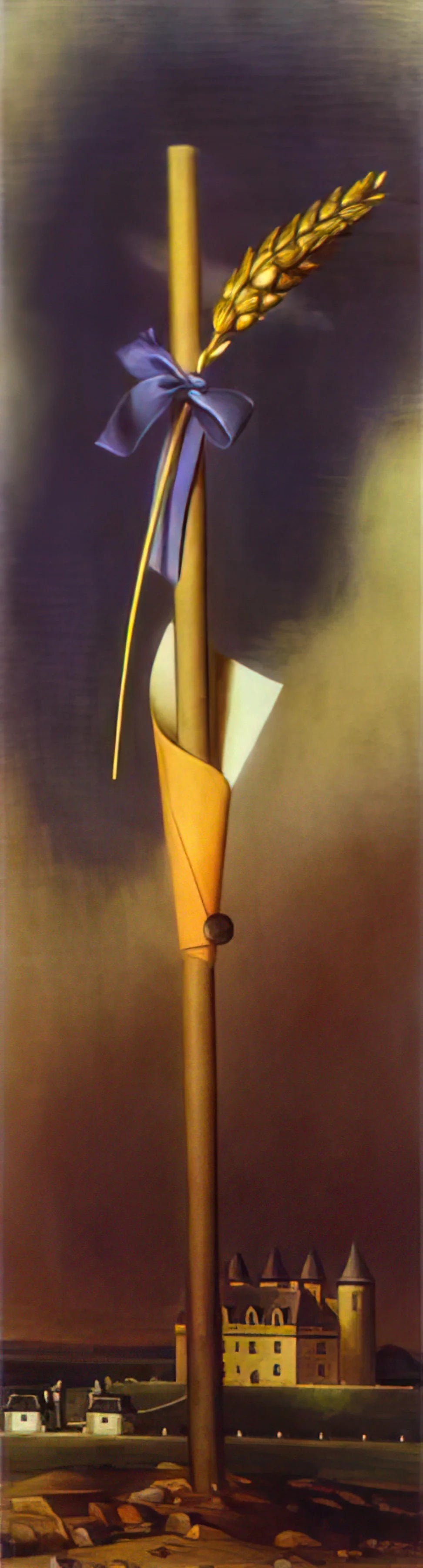 Don Quixote Painting by Dalí: A Surrealist Reimagining of a Literary Icon - BLUE KNOT AND EAR OF WHEAT NEXT TO THE CASTLE by Salvador Dali