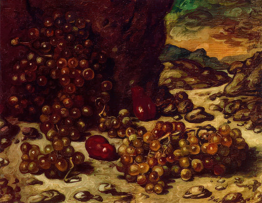 Giorgio de Chirico Art: The Enigmatic World of Metaphysical Painting - STILL LIFE WITH ROCKY LANDSCAPE 1942 by Giorgio de Chirico