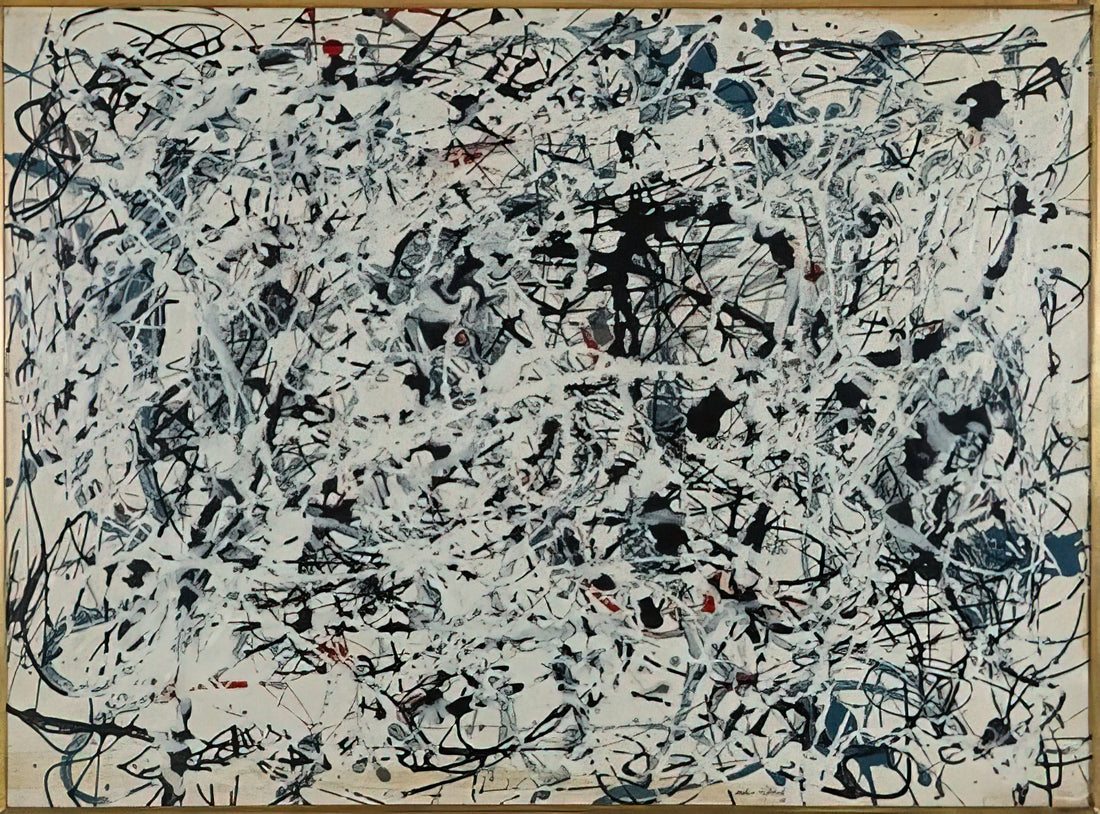 Jackson Pollock Reproduction for Sale: A Collector's Guide to Authentic Art Prints - COMPOSITION WHITE BLACK BLUE AND RED ON WHITE 1948 by Jackson Pollock
