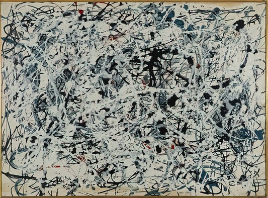 Jackson Pollock Reproduction for Sale: A Collector's Guide to Authentic Art Prints - COMPOSITION WHITE BLACK BLUE AND RED ON WHITE 1948 by Jackson Pollock