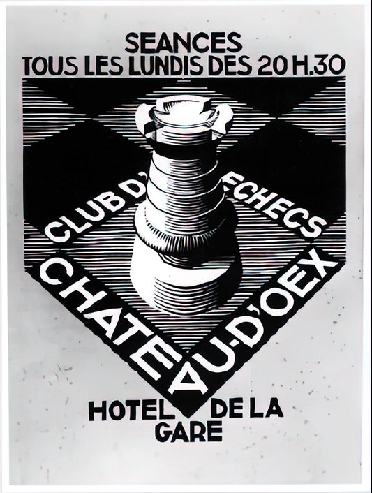 M.C. Escher Framed Art Print: A Collector's Guide to Timeless Optical Illusions - ADVERTISEMENT CHESS CLUB CHATEAU DOEX JULY 1936 1936 by MC Escher