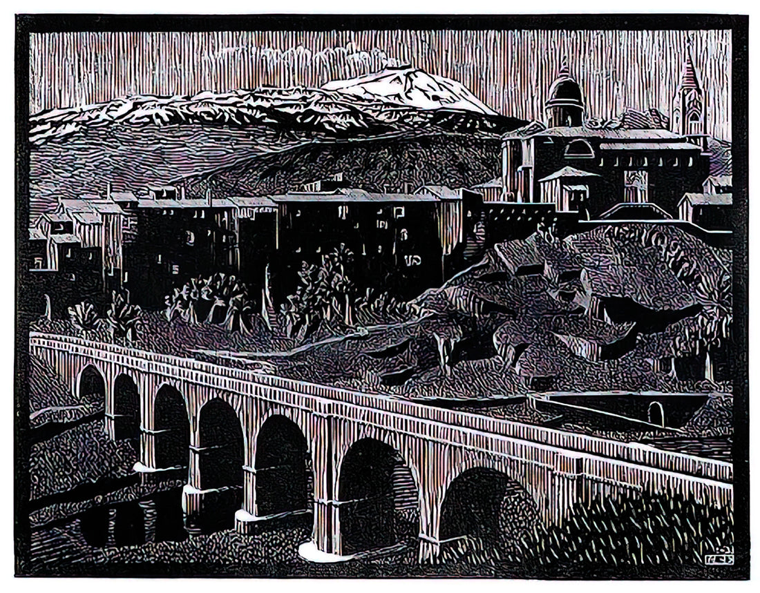 MC Escher Acrylic Print: A Collector's Guide to His Optical Illusions in Modern Display - RANDAZZO AND MOUNT ETNA SICILY JANUARY 1933 1933 by MC Escher