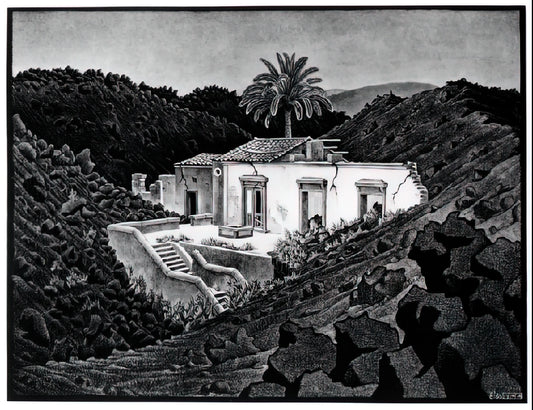 MC Escher MFA: The Master of Mathematical Art and Visual Paradox - HOUSE IN THE LAVA NEAR NUNZIATA by MC Escher