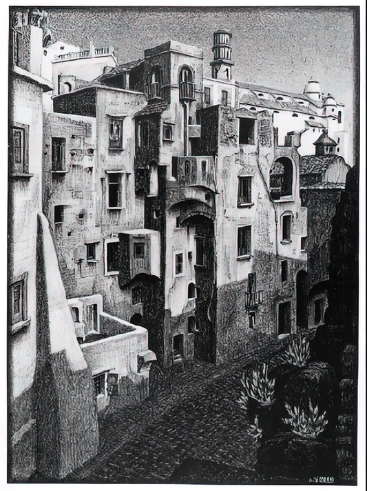 MC Escher Puddle Print: A Masterpiece of Reflection and Illusion - DILAPIDATED HOUSES IN ATRANI 1931 by MC Escher