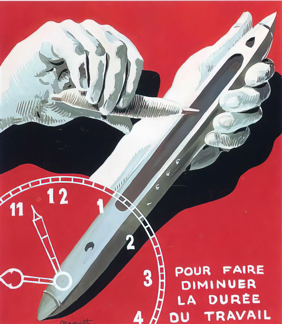 Magritte Decalcomanie: Unraveling the Surrealist's Enigmatic Technique - PROJECT OF POSTER THE CENTER OF TEXTILE WORKERS IN BELGIUM TO REDUCE WORKING HOURS 1938 by Rene Magritte