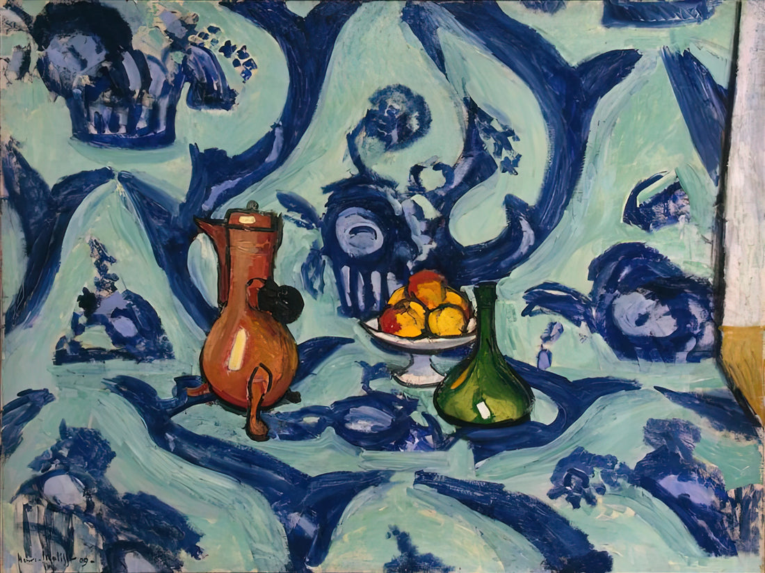 Matisse Le Platane Framed Print: A Collector's Guide to This Iconic Work - STILL LIFE WITH BLUE TABLECLOTH 1906 by Henri Matisse