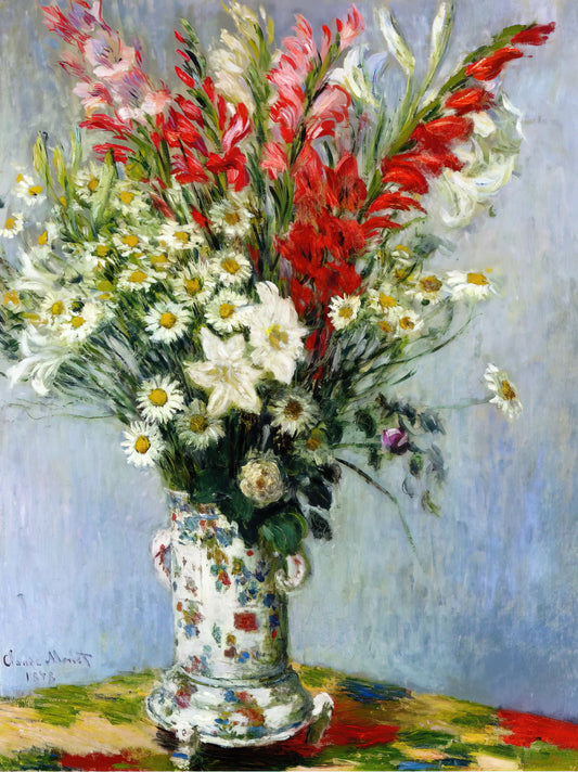 Monet Painting at Lavacourt: A Masterpiece of Impressionist Light and Atmosphere - Bouquet of Gadiolas, Lilies and Dasies by claude monet